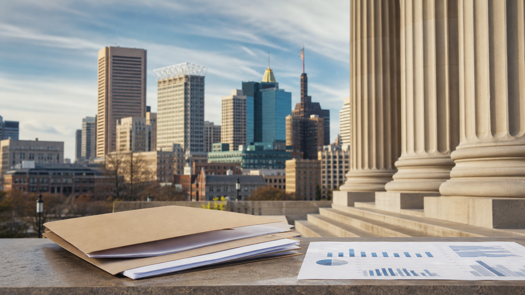 Baltimore civic skyline and neutral prediction-market legal folders