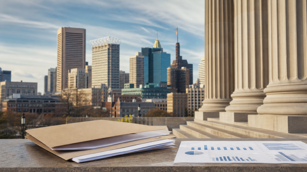 Baltimore civic skyline and neutral prediction-market legal folders