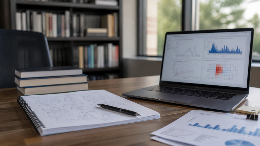 Unbranded research desk examining sports betting behavior and responsible play