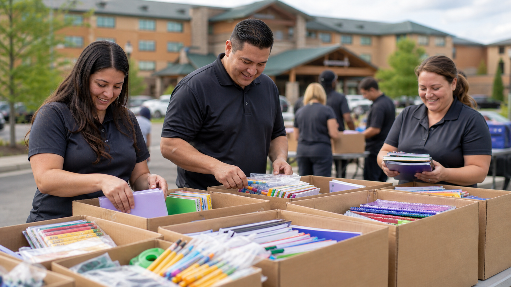 Casino resort volunteers sorting school supplies for a Michigan community drive
