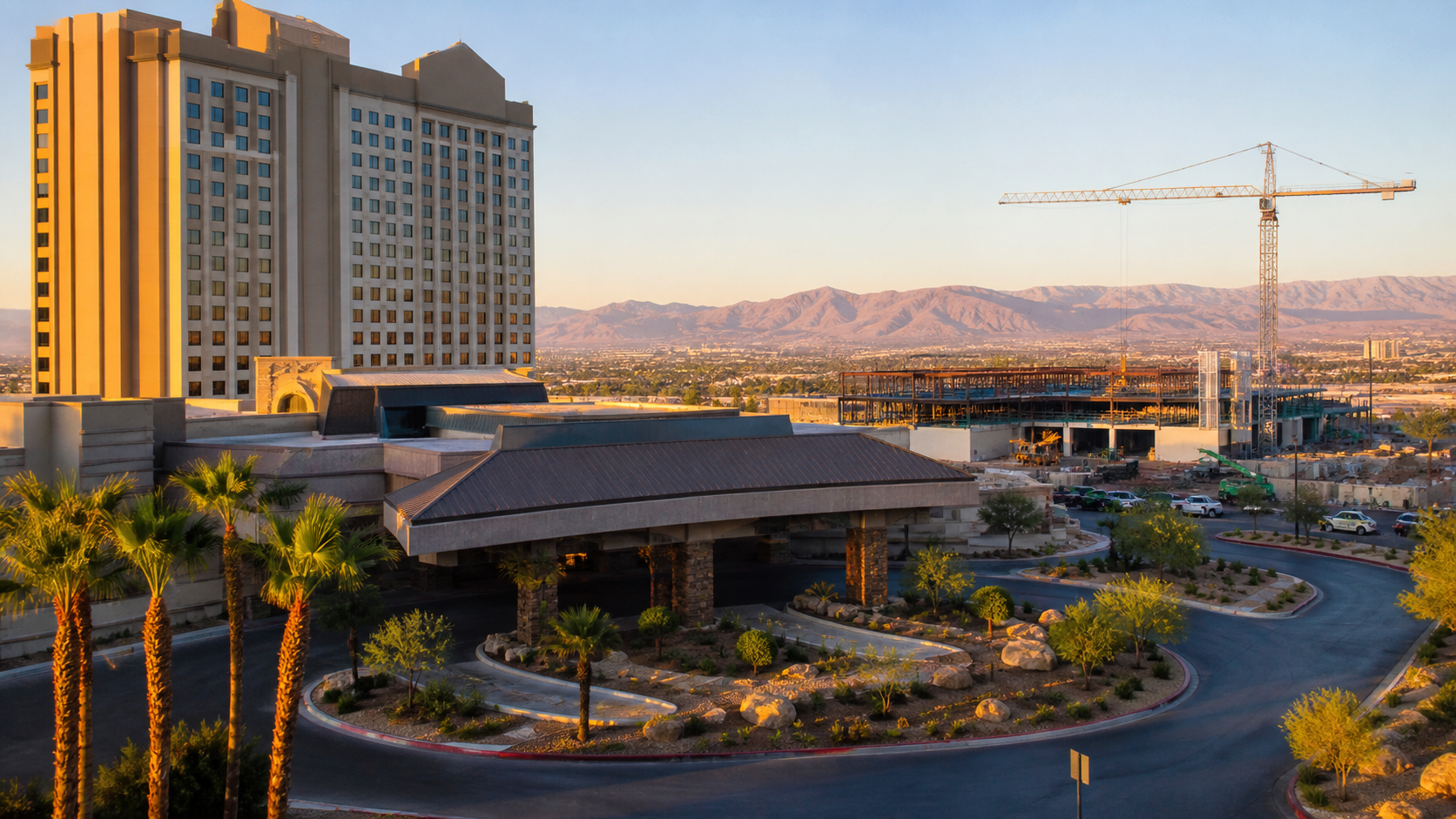 Las Vegas locals casino resort with construction cranes in the distance