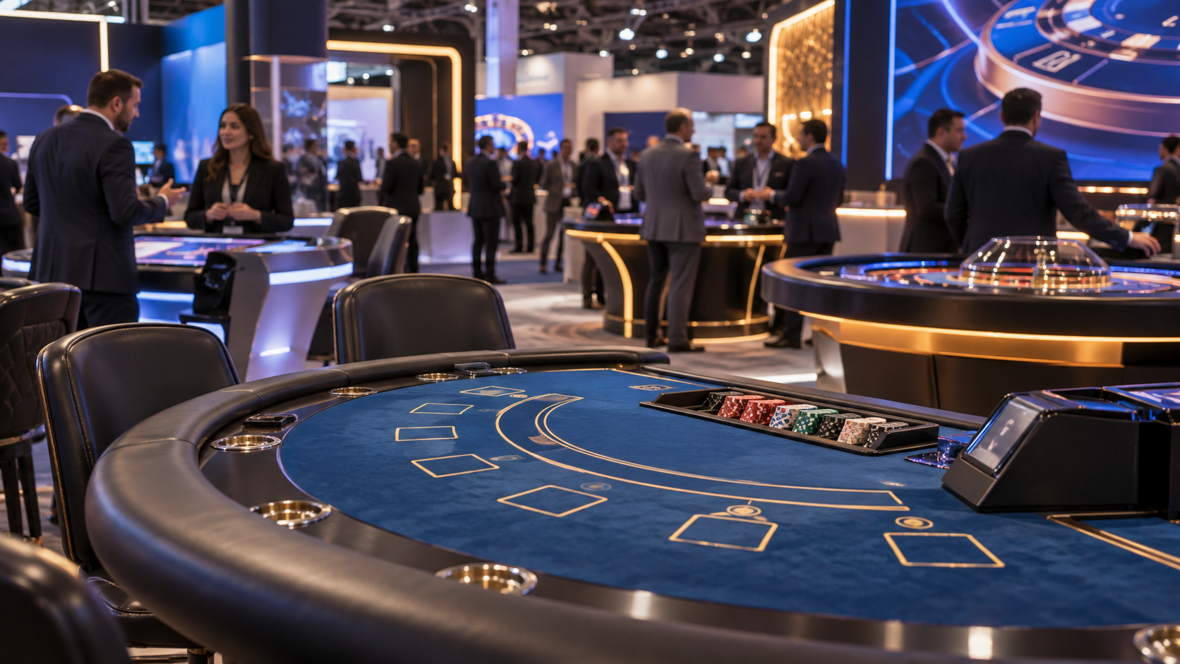 Editorial illustration of casino table-game technology, a Las Vegas trade show, and gaming innovation