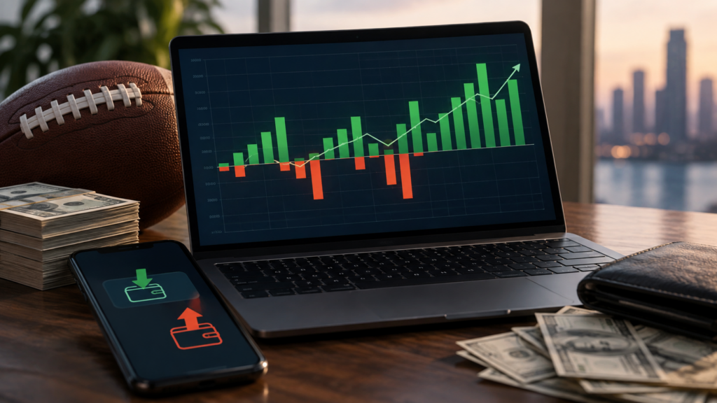 Editorial illustration of sports betting deposits and withdrawals on a financial chart