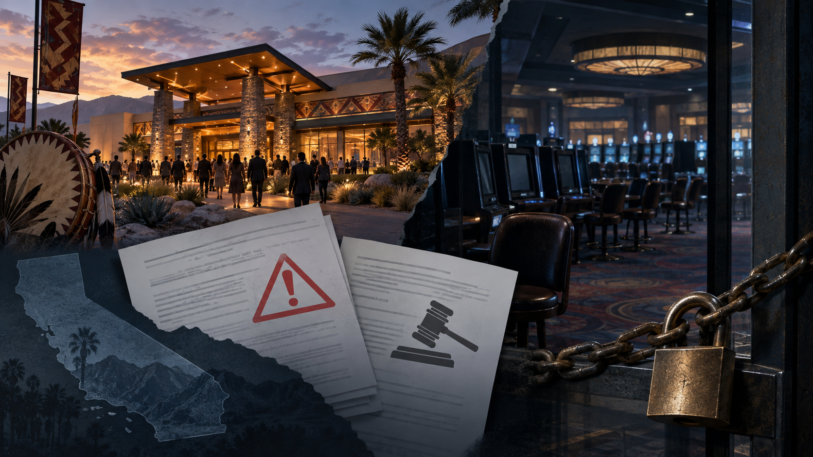 Investigative illustration of a California casino opening and abrupt closure