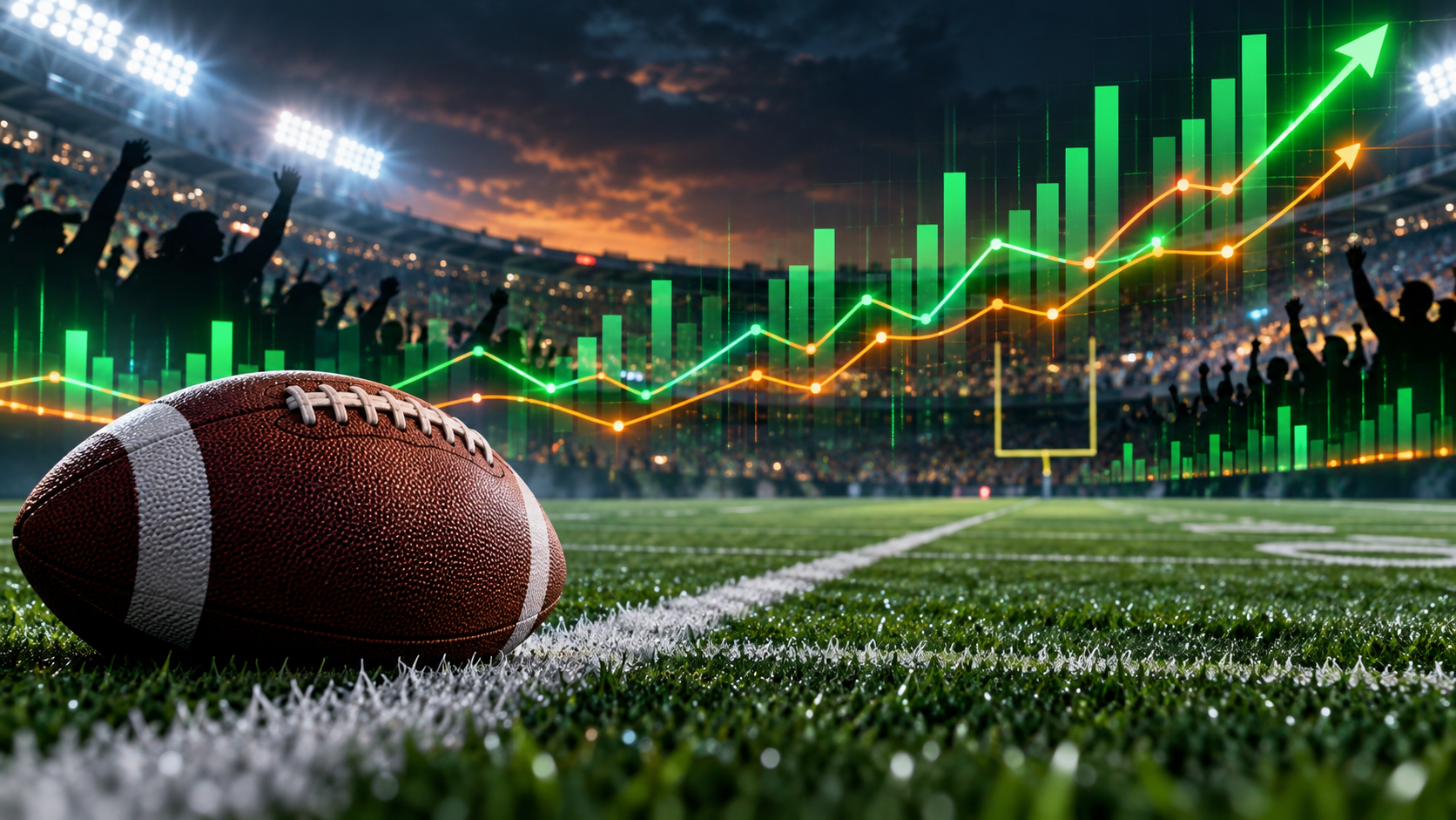 Editorial illustration of football-season prediction-market activity and trading volume