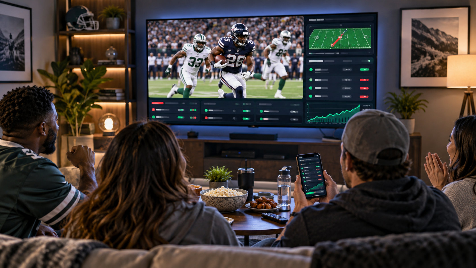 Editorial illustration of live sports-bet tracking, a streaming screen, and responsible sportsbook technology