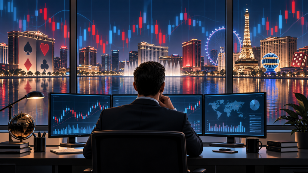 Editorial illustration of casino industry stock charts and market analysis
