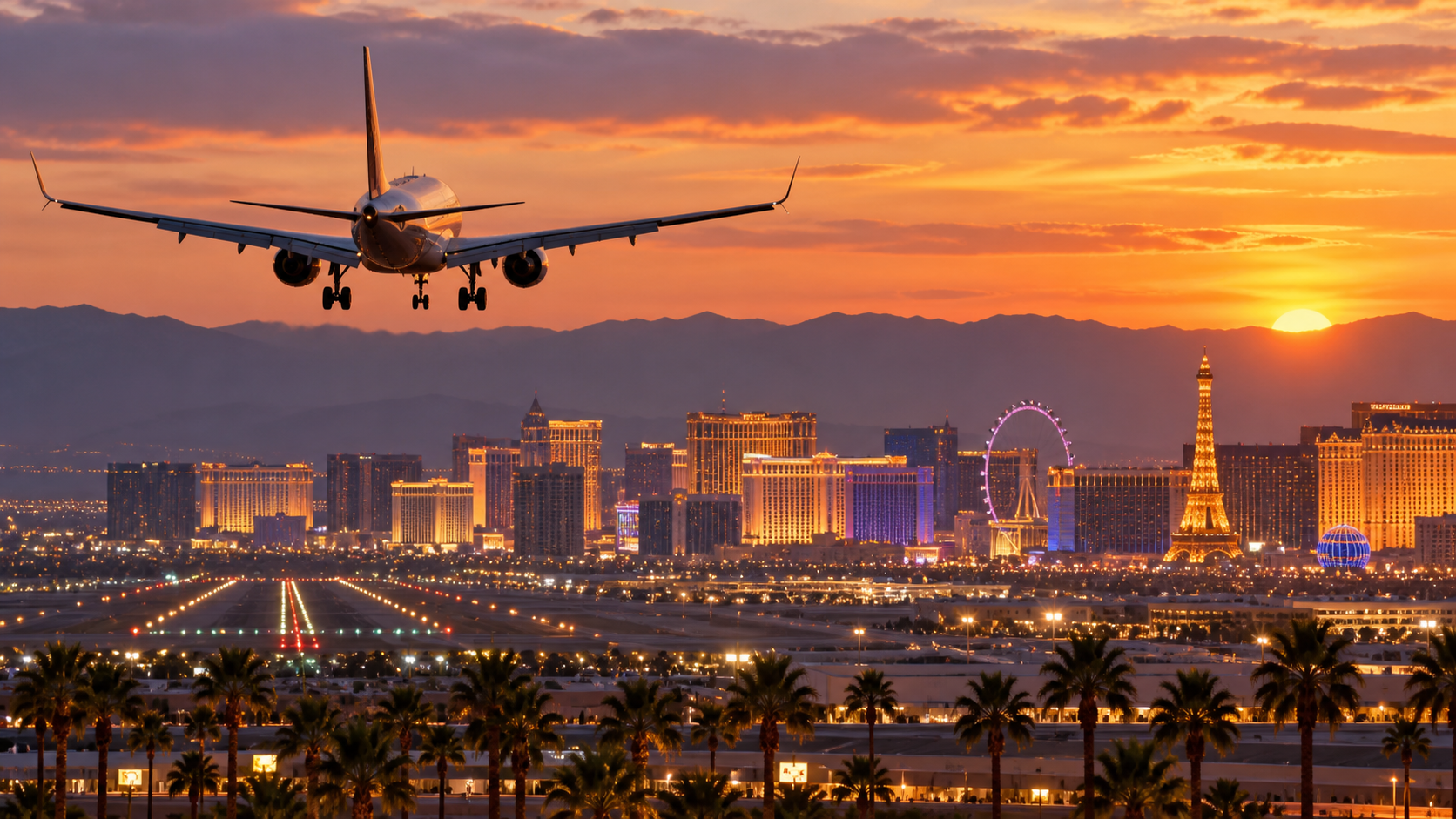 Editorial illustration of Las Vegas tourism marketing, air travel, and casino resorts