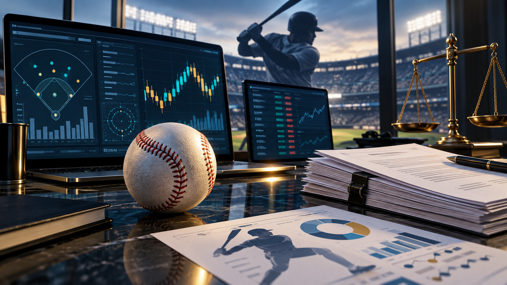Editorial illustration of MLB prediction market indexes, baseball statistics, exchange screens, and regulatory filings