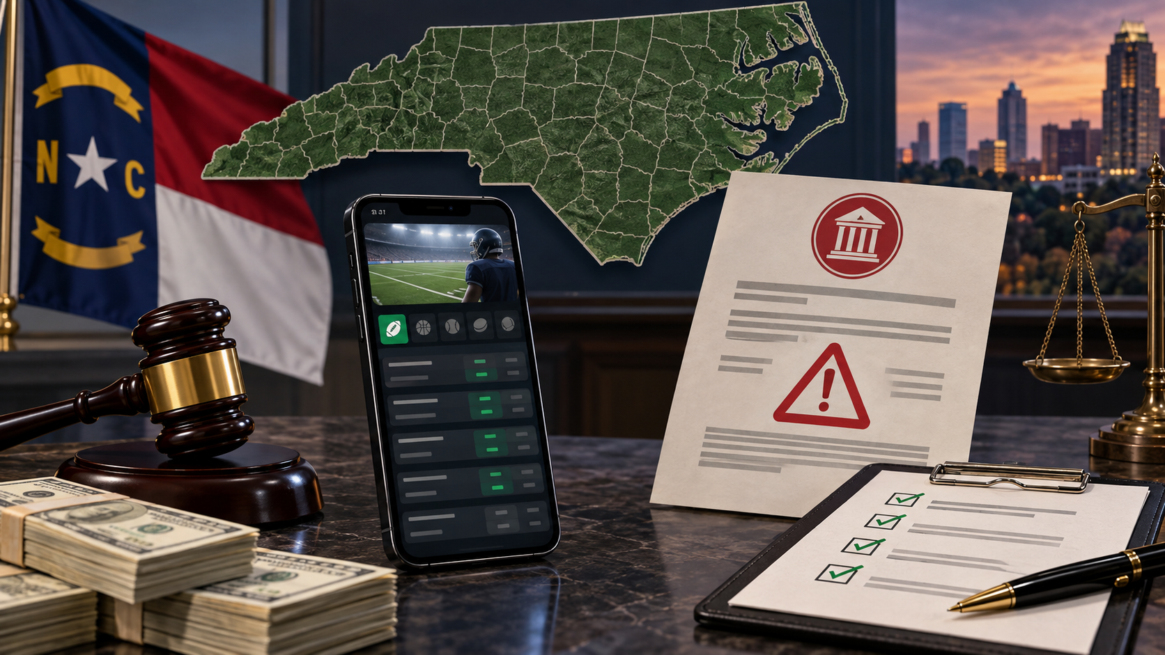 Editorial illustration of North Carolina sportsbook regulation, compliance notices, and mobile betting