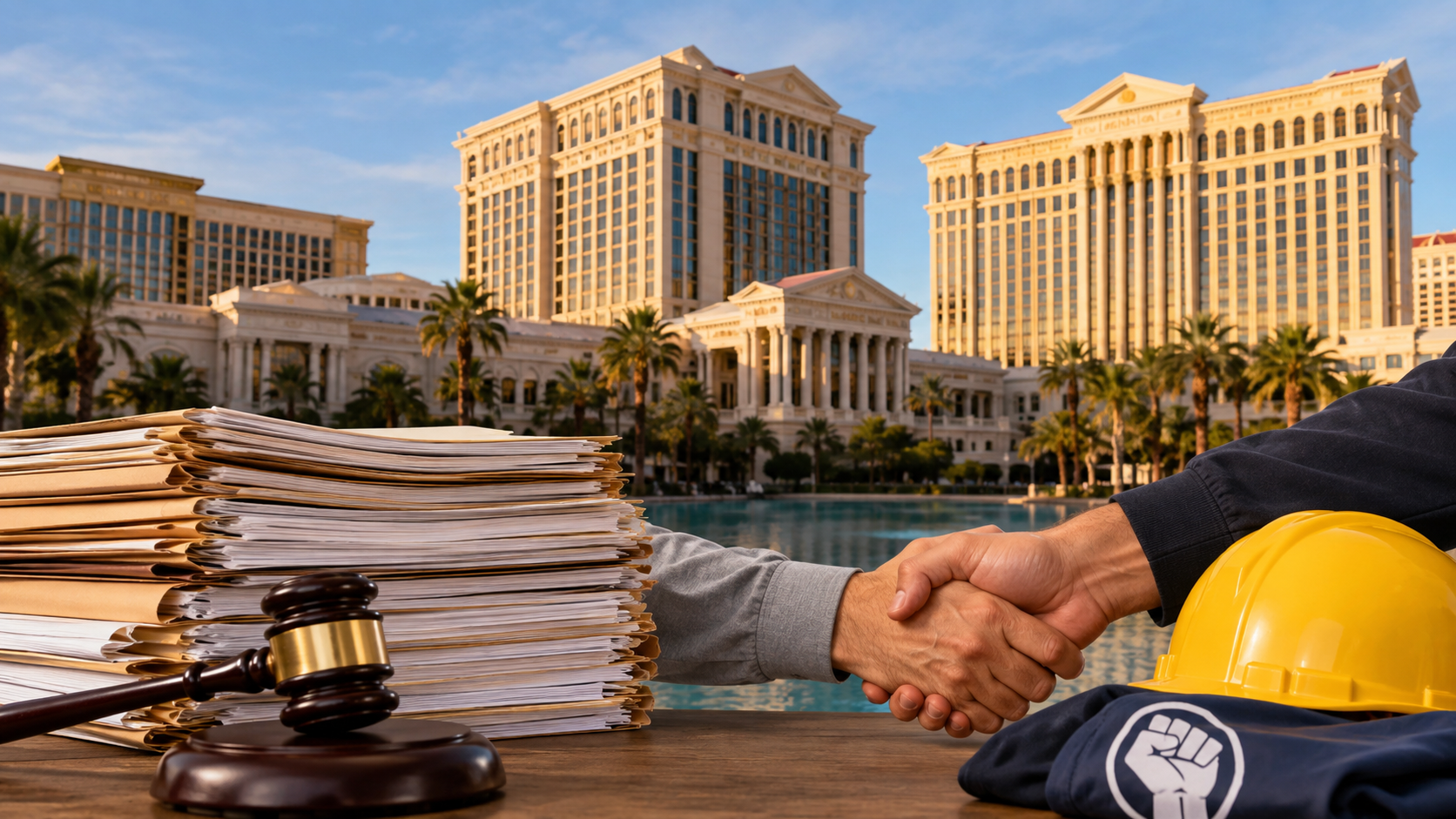 Editorial illustration of a Las Vegas casino labor dispute and court proceedings