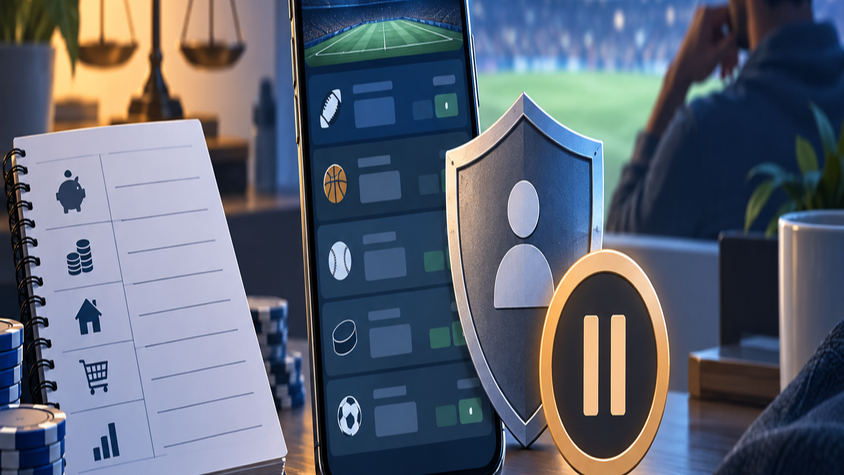 Editorial illustration of sports betting financial risk, consumer protection, and responsible-play tools