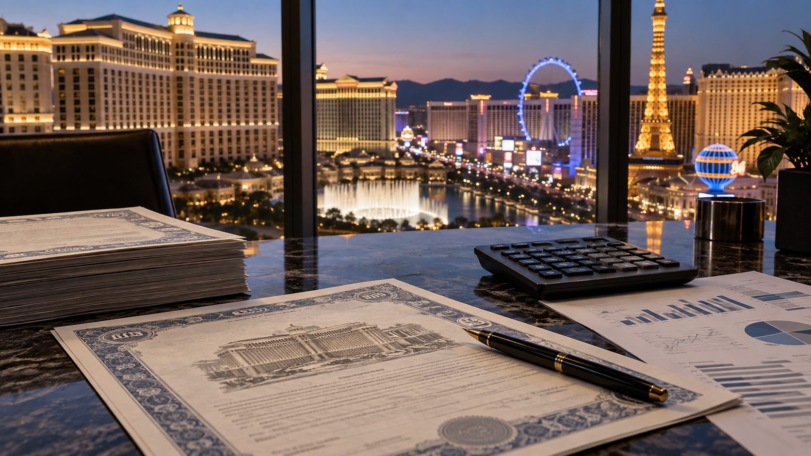 Editorial illustration of casino finance documents and a Las Vegas skyline