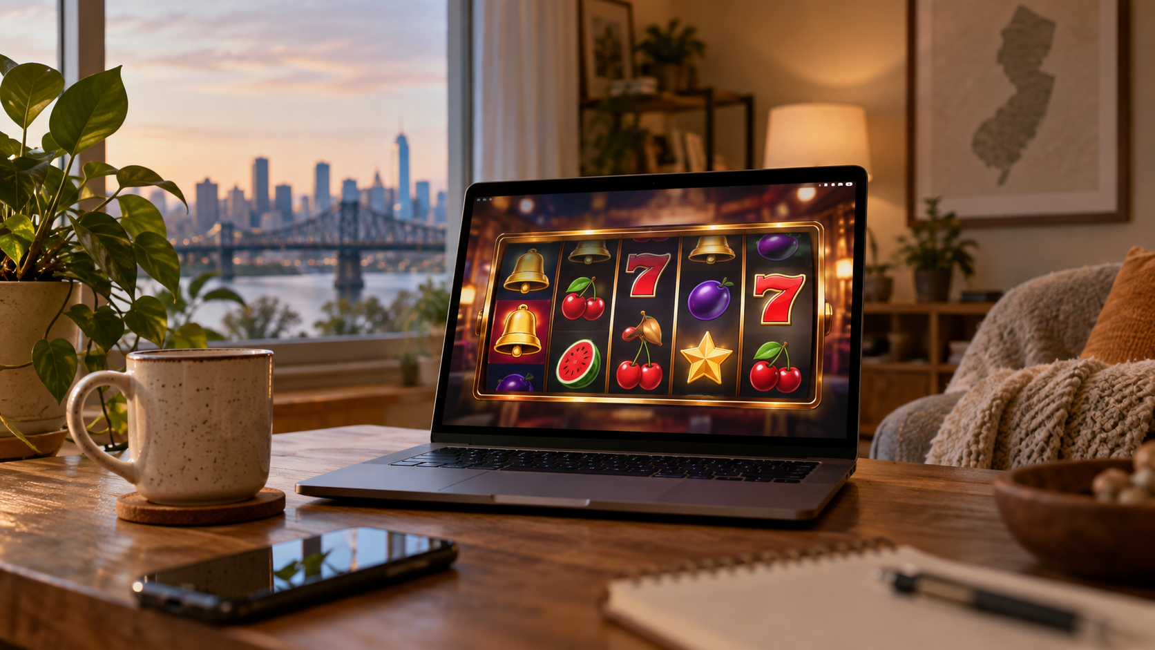 Editorial illustration of unbranded New Jersey online slots